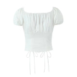 Yipinpay 2024 Women Vintage Puff Sleeve Square Collar White Shirt Drawstring Tie Bow Center Buttons Ladies Sexy Corset Crop Top