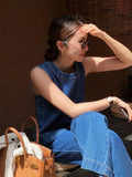 Yipinpay Hot Girl Commuting Suit Women's Summer Blue Denim Vest High Waist Wide Leg Pants Two-piece Set Fashion Female Clothes