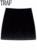 Yipinpay Black Velvet Mini Skirt Women Sequins Rhinestone Skirt For Women High Waist Vintage Short Skirts Woman Asymmetrical Skirt