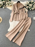 Yipinpay Office Lady Three Pieces Suits Loose Belt Cardigan+Tank Tops+Drawstring Wide Legs Long Pants Autumn Fashion Solid Sets