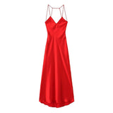 Yipinpay Women Sexy Backless Satin Red Sling Long Dress Christmas Party Vestidos