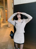 Yipinpay Girl Suit Women's Peter Pan Collar Long-sleeved Knitted Top Wrapped Hip Mini Skirt Two-piece Set Fashion Female Clothes