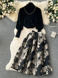 Yipinpay Ladies Retro Sweater Suits Fashion Lantern Sleeve Loose Pullovers+ A Line Long Skirts Print Knitted Two Pieces Sets