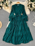 Yipinpay Autumn Retro Beach Pleated Dress Women Lantern Sleeve French Single Breasted 2024 Fashion Chiffon A Line Long Dress