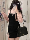 Yipinpay Kawaii Dress Sets Summer Outfits for Women 2023 Cute Embroidered Crop Top Lace Bow Patchwork Slip Dress Two Piece Set