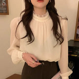 Yipinpay Femininas Blouse Women Camisa Femme Mujer Stand Transparent Shirt Chiffon Puff Tops 2023 Shirts for Women Lady Beaded