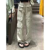 yipinpay Women Vintage Beige High Waist Cargo Pants Fashion Pocket Baggy Straight Y2K Wide Leg Pants Street Mopping Trouser Ladies Summer