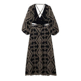Yipinpay Cut Out Black Long Dress Women Embroidery Backless Dress Woman Puff Sleeve Vintage Gothic Dress 2023 Midi Summer Dresses