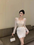 Yipinpay Dresses Women Elegant Square Collar Lace Patchwork Long Sleeve Slim Sexy Dress Ladies French Style Chic Party Temperament
