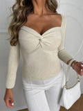 Yipinpay Solid Casual Women's Twist Knot Front V Neck Crop Sweater Knitwear Ladies 2024 Autumn Long Sleeve Knitted Pullover Tops