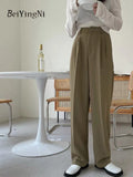 Yipinpay Summer Women Wide Leg Pants Elegant Pleated Casual Korean Loose Baggy Straight Pant Female Black Green Suit Trousers