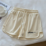 Yipinpay Women Summer Short Pants Embroidery Letters Drawstrings Elastic Waistband High Waist Shorts Ladies Short Tight Trousers