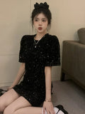 Yipinpay Spring Vestido Feminino Mini French Black Short Sleeved Velvet Sequin Dress Women Party Sexy Bodycon High Slim New
