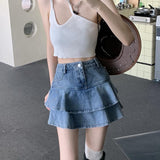 Yipinpay Vintage Denim Mini Skirt Ruffle Women Summer Korean Fashion Sexy High Waist Patchwork Jeans Skirt Casual Streetwear