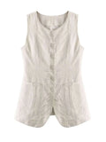 Yipinpay Linen Stripe Vests Women's 2024 Elegant O-neck Sleeveless Waistcoat Female Casual Single Breasted Pockets Lady Chic Tops