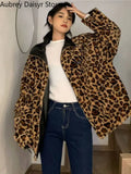 Yipinpay Warm Leather Jacket Women Thick Leopard Print Faux Lamb Fur Coat Harajuku Snow Loose Lining Reversible Wear Coat Female