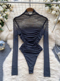 Yipinpay Autumn Mesh Basic Top 2024 Women Turtleneck Long Sleeve Ruched Open Crotch Slim Playsuits Fashion Sheer Sexy Bodysuits