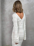 Yipinpay Hollow Out Bodycon Knit Dress Female Patchwork Solid High Waist Long Sleeve Fashion Knitwear Party Dress Gown Streetwear