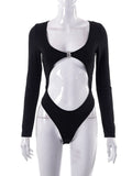 Yipinpay MO 2023New Cut Out Sexy Long Sleeve Bodysuits For Women Elegant O-Ring Metal Slim Tops High Rise Bodysuit Clothes