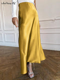 Yipinpay Purple Elegant Women Satin Party Skirts A-Line High Waist Ladies Long Skirt Evening Female Maxi Skirts Loose Summer