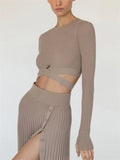 Yipinpay New White Knit Two Piece Women Sets Fall Ribbed Crop Top And Pleated Knitted Skirt Suits For Women Midi Dress Sets 2024