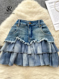 Yipinpay Fashion Sexy Mini Skirt Women Chiffon Ruffled Edge Patchwork Denim Skirts American Vintage A Line Hotsweet Skirt