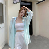 Yipinpay Women Blouses Solid Wear Early Spring Thin Pure Shirt Split Back Loose Sunscreen Long-sleeved Shirt Polo Collar Female Clothing