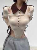 yipinpay Long Sleeve Top Women Hollow Out Body Bodycon Basic Overalls Women Clothes Button Up Streetwear Patchwork Bodysuits