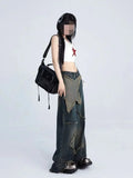 Yipinpay Retro High Waist Oversized Jeans Pants For Women Casual Baggy Y2K Wide Leg Grunge Streetwear Patchwork Denim Trouser