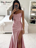 Yipinpay Satin Backless Side Split Maxi Dress Women 2024 Summer Sexy Slim Off Shoulder Ruched Bodycon Female Party Evening Dresses