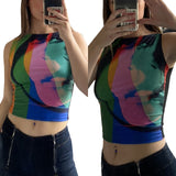 Yipinpay Women’s Crop Top Fashion Abstract Printing Vest Causal Round Neck Exposed Navel Sleeveless Tops Casual Outfits Streetwear Y2k