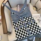 Yipinpay Black White Checkerboard Coat Short Cardigan Casual 2Piece Sets Retro Bow Spaghetti Strap Plaid Dress Bodycon Outfits