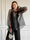 Yipinpay Transparent Organza Blouse Women Party Puff Sleeve Tops Summer See Through Tops Vacation Female Lace-Up Loose Blouse