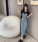 Yipinpay Two Piece Denim Dress Vestidos De Mujer Short Sleee Summer Dress Y2k Casual Maxi Dresses for Women Robe Femme Jeans