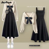 Yipinpay Women's Spring Autumn New Knitted Sweaters Two Piece 2024 Korean Elegant Bow Cardigan Strap Skirt Matching Set Female Clothing