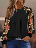 Yipinpay Women's Boho Blouses Autumn Long Sleeve Fashion Folds O-neck Lace Patchwork Loose Shirt For Women Black Tops New Office Clothing