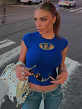 yipinpay Top Y2K Tops Letter Print Tshirt O Neck Short Sleeve Baby Tees Women Clothes Basic Blue 90s Causal Streetwear Black T Shirt