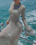 Yipinpay Fashion Womens Mesh Long Dress Shiny Sequin Long Sleeve Back Split Evening Party Dress Skin Friendly Hot Sale S-XL