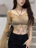Yipinpay Summer Sexy Club Party Blouses Women Mesh Shirts Off Shoulder Transparent Crop Tops Tees Femme Y2K Crop Tops Korea Fashion