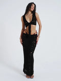 Yipinpay Women's Summer Bikini Cover Ups Outfits Sheer Bandage Knitted Tank Tops and Elastic Low Waist Long Skirt Set Clubwear