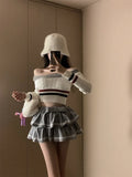 Yipinpay Sexy Hot Girl Suit Women's Autumn Hair Off Shoulde Twists Knittied Pullover High Waist Mini Skirt Fashion Two-piece Set