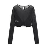 Yipinpay Spring 2024 Women Sexy Semi-sheer Patchwork Mesh T Shirt Long Sleeve O Neck Black Tee Summer Crop Top