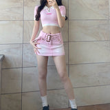 Yipinpay Pink Sexy Girl Jean Skirt Women Summer Y2k Belt Cute Low Waist A-line Slim Denim Mini Skirt Korean Style Streetwear