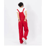 yipinpay Womens Red Vintage Suspender Jeans Fashion Pocket Baggy Wide Leg Pants Streetwear Casual Straight Denim Trouser Ladies Summer