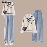 Yipinpay Women's 2024 Spring New Fashion Long Sleeve Shirt+Knitted Vest+Casual Pants Three Piece Korean Elegant Trousers Matching Set