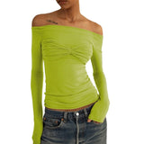 Yipinpay Shoulder See Through Mesh Women's T-shirt Spring 2023 Y2k Tops Long Sleeve Crop Tees Streetwear Sexy Ruched T Shirts White