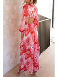 Yipinpay Fashion Floral Print Cut Out Jumpsuit Women Casual V-Neck Hollow Out One Piece Suit Elegant Puff Sleeve Waistless Outfit