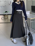 Yipinpay Vintage Belt Long Skirt Women Autumn 90s Aesthetic Streetwear Y2k High Waist Slim A-line Pleated Skirt Korean Style