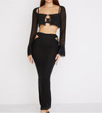 Yipinpay Sexy Women 2 Pieces Skirts Outfits Solid Color Long Sleeve Cardigan Crop Tops + Side Cutout Tie-Up Long Skirt Set S M L