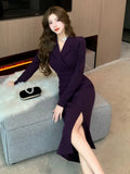Yipinpay Woman Dress Autumn Winter Vintage Notched Elegant Split Long Sleeve Slim French Style Chic Basic Office Lady Dresses